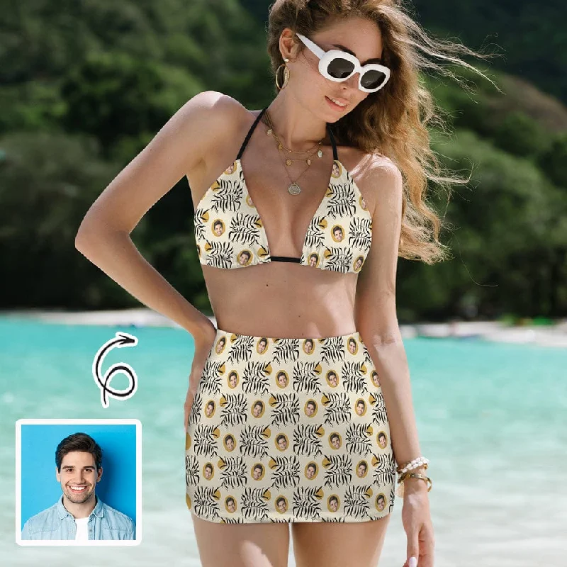 Custom Face Leaves Yellow Bikini Set Personalized Halterneck String Three-Pieces Bikini Skirts Set Casual Women's Japanese 