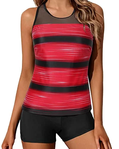 Modest Two Piece Tankini Swimsuits Shorts For Women-Red Stripe Sporty Women's Tennis