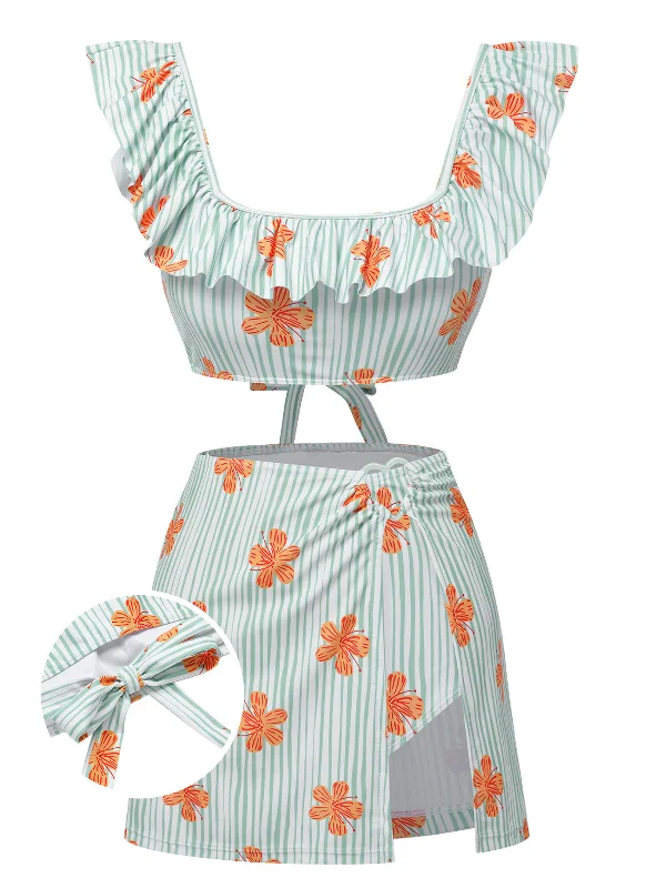 Light Green 1950s Floral Stripe Swimsuit & Skirt Cover-Up Preppy Women's College
