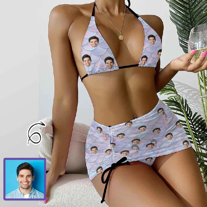 Custom Face Mermaid Bikini Set For Women 3-Pieces Summer Swimsuit Vintage Women's 1970S 