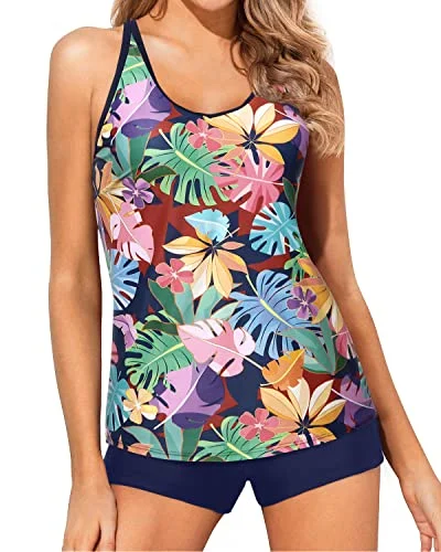 Tummy Control Two Piece Tankini Set For Women Boy Shorts-Blue Leaves Compression