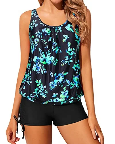 2 Piece Blouson Tankini Swimsuits For Women Boyshorts-Black Blue Floral Modern Women's Tech