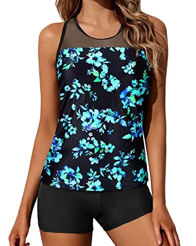 Two-Piece Sporty Tankini Bathing Suits For Juniors Boyleg Bottoms-Black Blue Floral Athletic Women's 