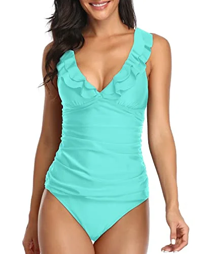 Women's 2 Piece Falbala Ruffle Flounce Tankini Swimsuits Ruched Bathing Suits-Aqua Cool Women's Skate