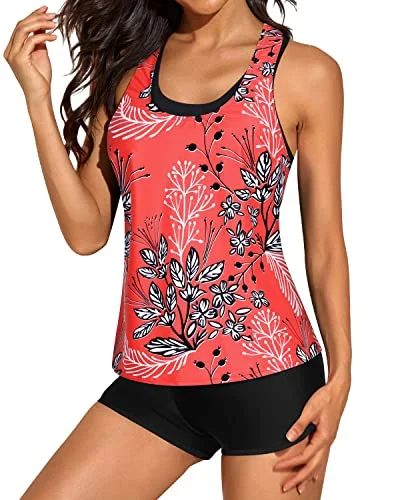 3 Piece U-Neck Tankini Top Shorts For Women-Red Floral Athletic Women's 