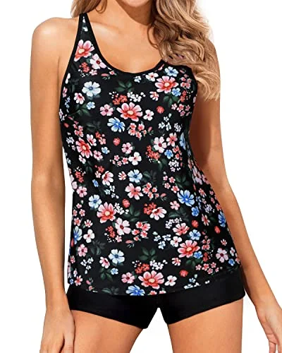 Tummy Control & Modest Coverage Our Tankini Swimsuits For Women-Black Flowers Streetwear Style for 