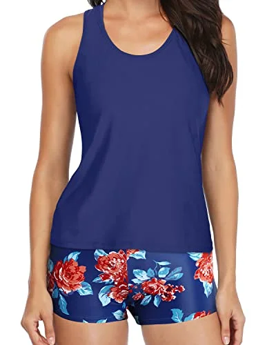 Athletic 3-Piece Tankini Swimsuit Boy Shorts-Blue Floral Trendy Women's 