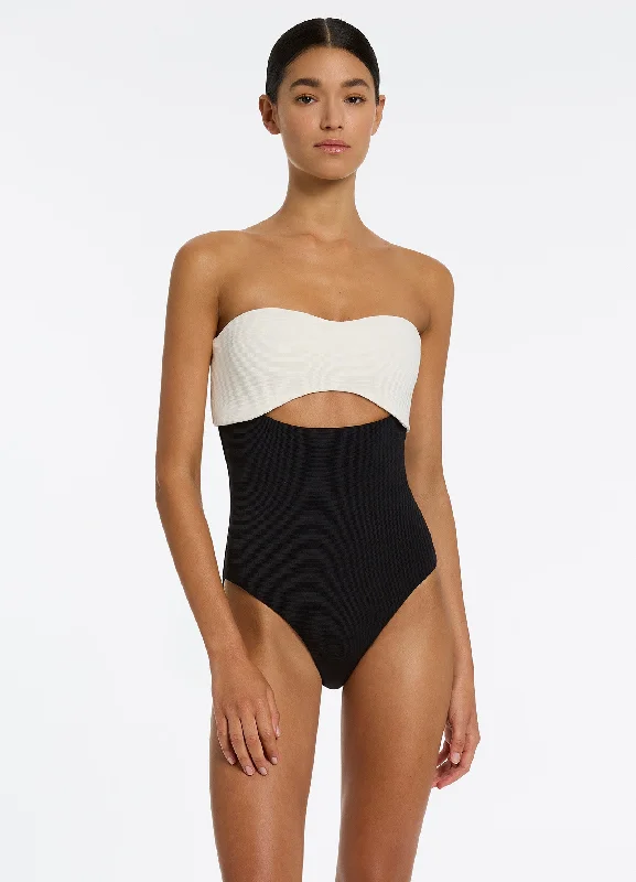 Versa Rib Cut Out Bandeau One Piece - Black/Cream Monochromatic Office Style