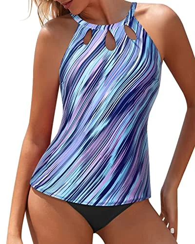 Keyhole Backless Tankini Bathing Suit High Waisted Swim Shorts For Women-Blue And Black Stripe Sharp Women's Italian