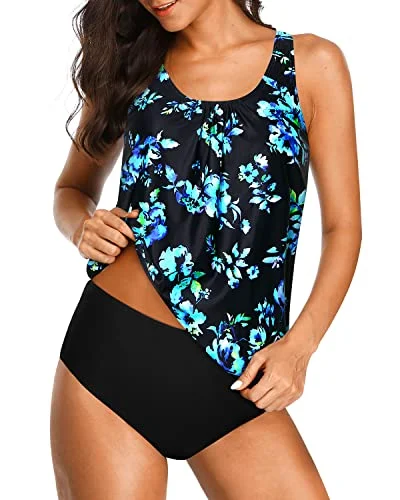 Chic And Cute Blouson Tankini Two Piece Swimsuit For Women-Black Blue Floral Monochromatic Office Style