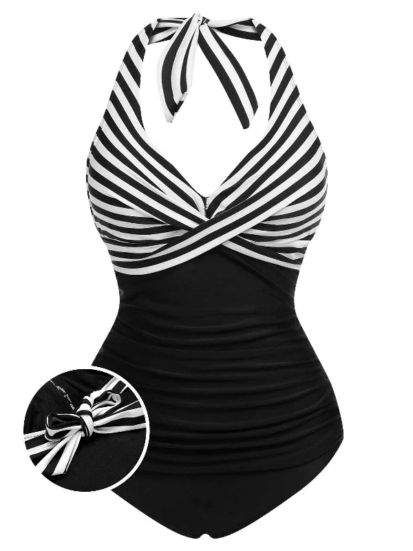 1950s Halter Stripes Floral One-Piece Swimsuit Cashmere