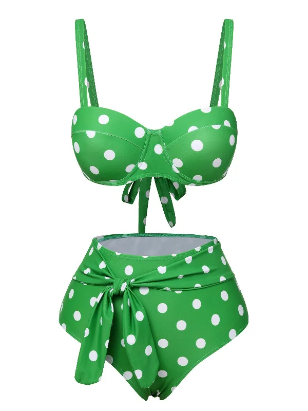 Vintage 1950s Polka Dots Strap Swimsuit Artistic Women's Hand - painted