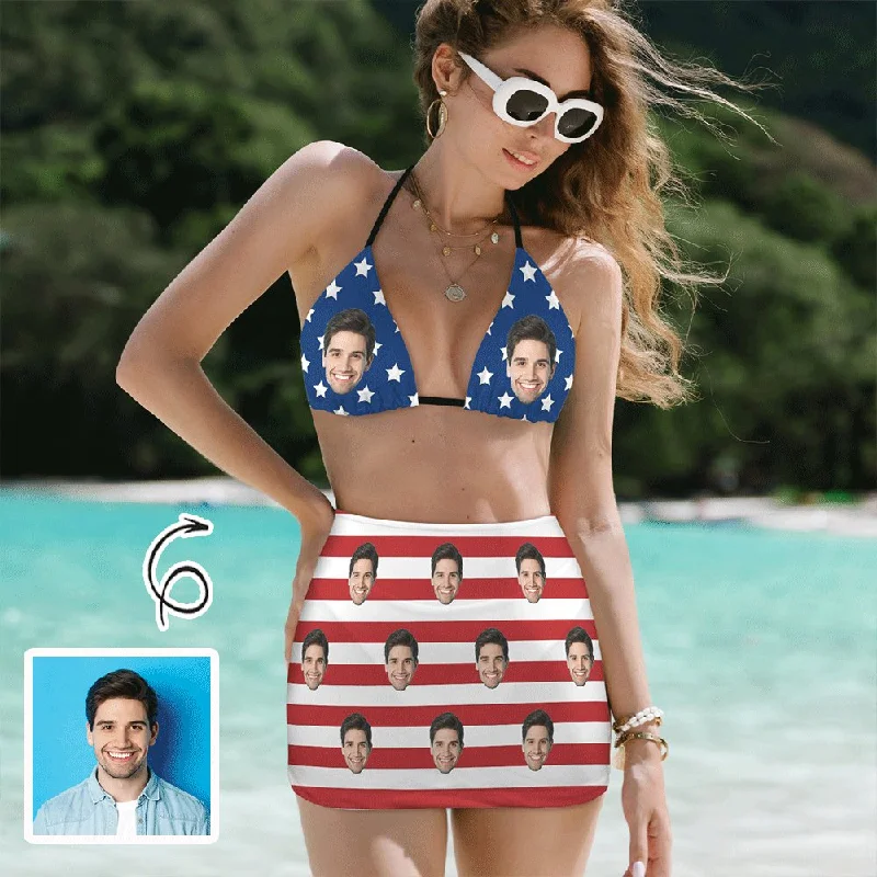 Custom Face American Flag Bikini Set Personalized Halterneck String Three-Pieces Bikini Skirts Set Sophisticated Women's 