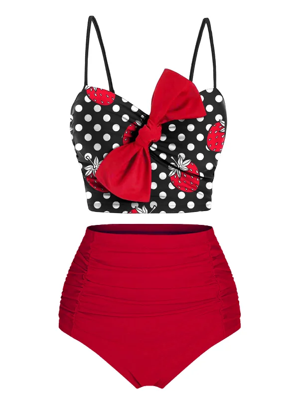 Red & Black 1950s Strawberry Dots Bowknot Swimsuit Sophisticated Women's Tailored