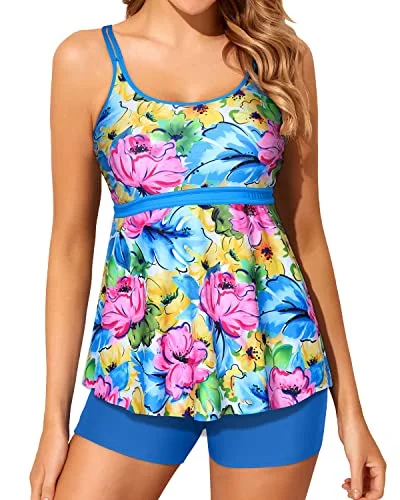 Women's 2 Piece Tankini Swimsuit Slimming Swimming Suit-Blue And Purple Floral Monochromatic All - in - one