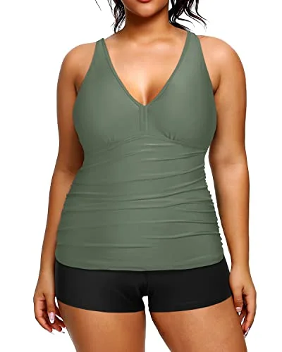 Athletic Plus Size Tankini Boy Shorts Removable Padded Bra Bathing Suits-Olive Green Relaxed Women's 