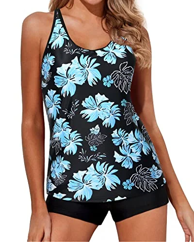 Athletic Two Piece Tankini Set For Women Boy Shorts Swimwear-Black Blue Floral Stylish Women's Tropical 