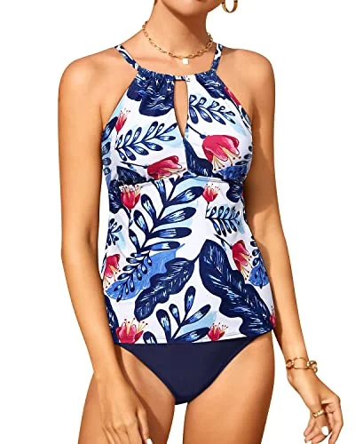 Women's Two Piece Tankini Swimsuit Keyhole And Triangle Bottom-White And Blue Floral Australian Beach