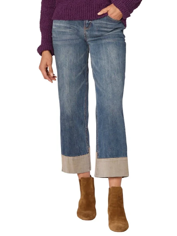 High Rise Round Up Reverse Self Panel Boyfriend Jeans In Mid Blue Artisanal Modern Women's Tech