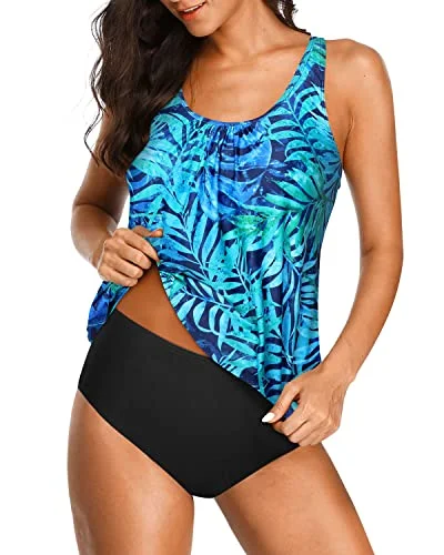 Comfortable Women's Blouson Tankini Swimsuits No Show Cleavage-Dark Blue Green Leaves Bold Women's Statement