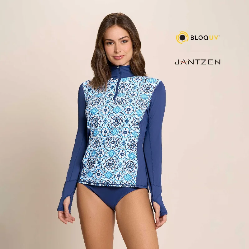 MOROCCAN TILES RELAXED MOCK NECK ZIP TOP Sophisticated Women's Tailored