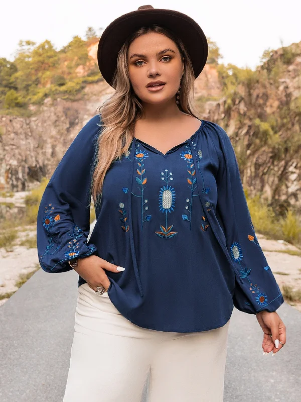 Plus Size Tie Neck Balloon Sleeve Top Refined Women's Velvet