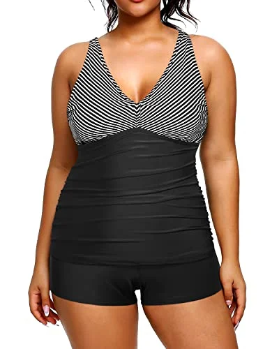 Ruched Plus Size Athletic Tankini Two Piece Swimsuits Shorts-Black And White Stripe Laid - back Women's Style
