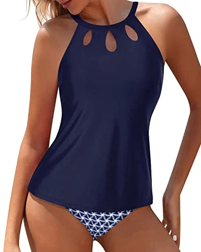 Backless Halter Top & Modest Bottom Tummy Control Two Piece Tankini-Navy Blue Tribal Contemporary 
