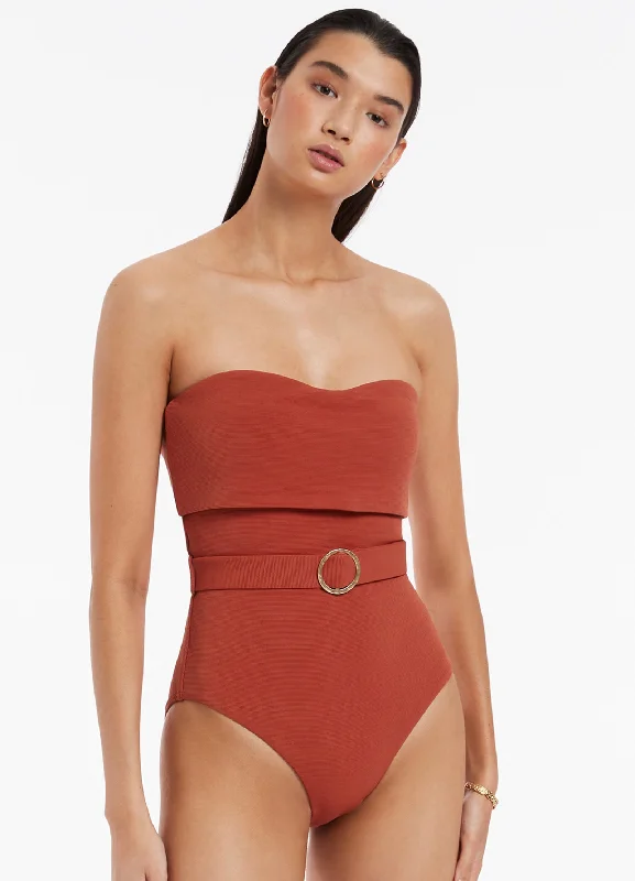 Isla Rib Fold Down Bandeau One Piece - Russet Earthy Women's 