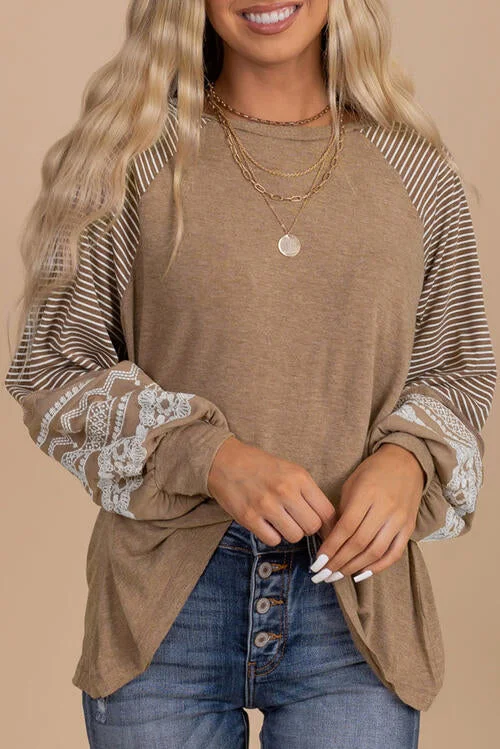 Striped Round Neck Long Sleeve Blouse Monochromatic Office Style