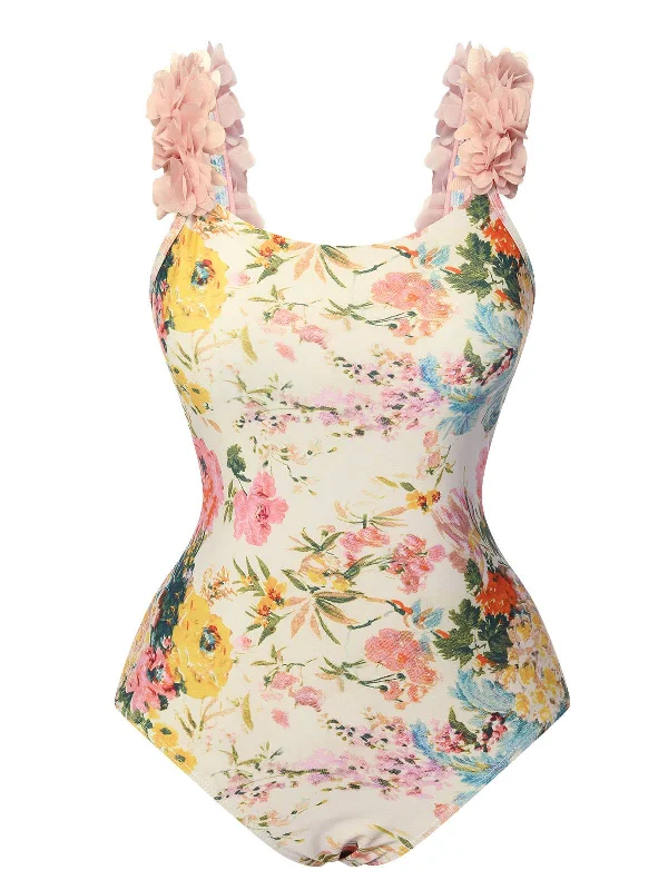 Multicolor 1950s 3D-Flowers Spaghetti Straps Swimsuit Practical Women's Quick - dry