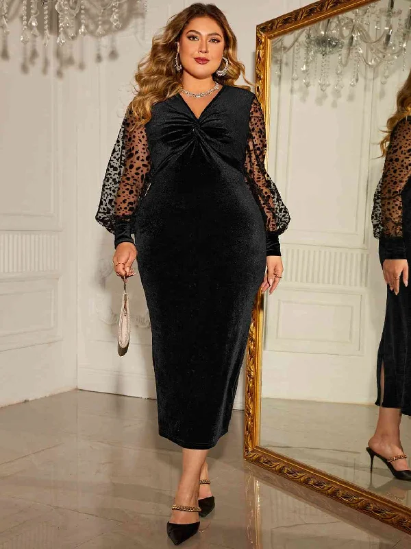 Plus Size Twist Front Lantern Sleeve Slit Dress Disco