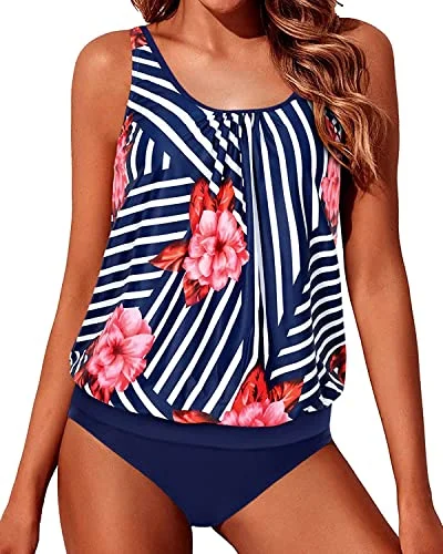 Push Up Sewn-In Bra Cups Ladies Swimsuits Tankini-Blue Floral Sophisticated Women's Tailored