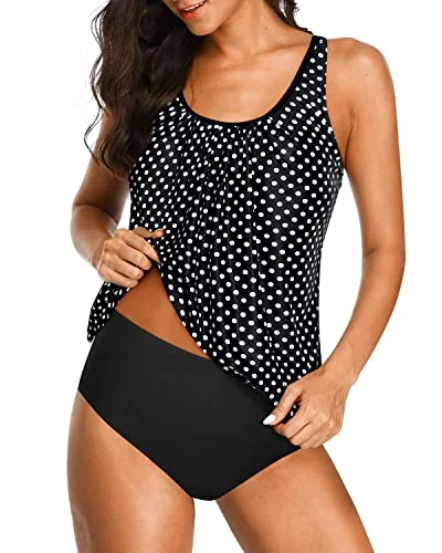 Women's 2 Piece Blouson Tankini Swimsuits Tummy Control Bathing Suits-Black Dot Stylish Women's Tropical 