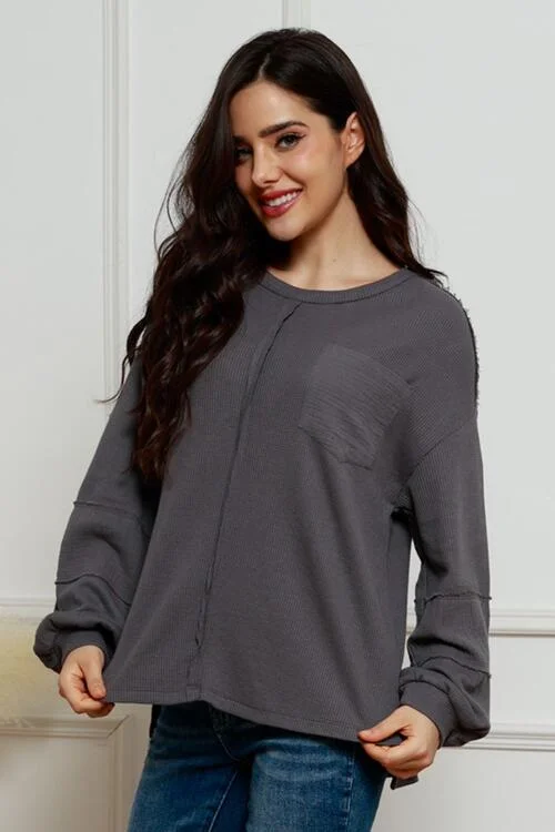Waffle-Knit Exposed Seam Lantern Sleeve Blouse Bold Women's Animal Print