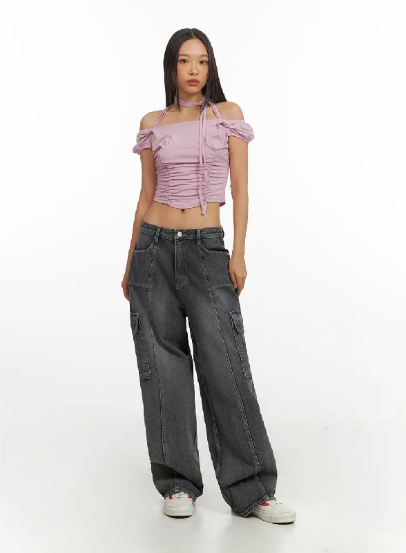 Washed Wide Leg Cargo Jeans IY422 Stylish Women's Tropical 