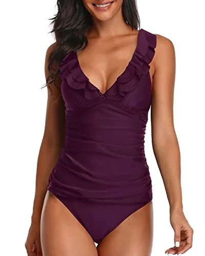 Ruffle Flounce Tankini Ruched Swimwear For Women-Maroon Business