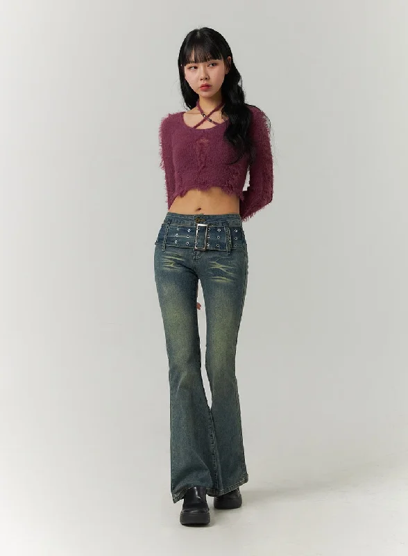 Low Waist Buckle Flared Denim Jeans CJ419 Compression