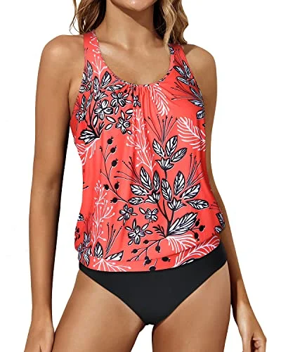 Racerback Tank Tops Bottoms Blouson Swimwear For Women-Red Floral Bold Women's Statement