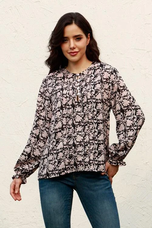 Floral Flounce Sleeve Round Neck Blouse Hip Women's Urban