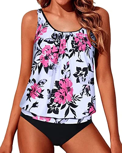 Women's Flattering Two Piece Blouson Tankini Swimwear-White Floral Business