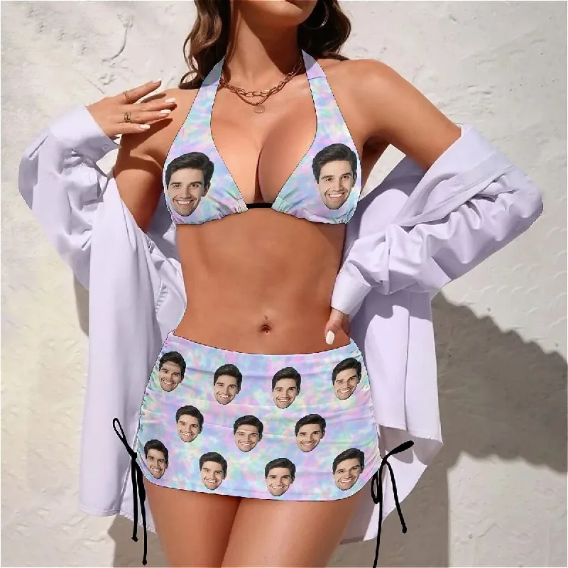 Custom Face Tie Dye 3-Pieces Bikini Set Halter Neck Top Bikini Skirts with Drawstring Dynamic Women's Moto