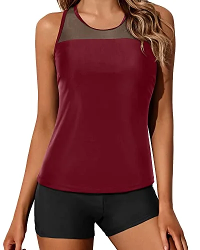 Sporty Two-Piece Tankini Swimsuit Boyleg Bottoms For Women's Swimwear-Maroon Refined Women's Hand - crafted