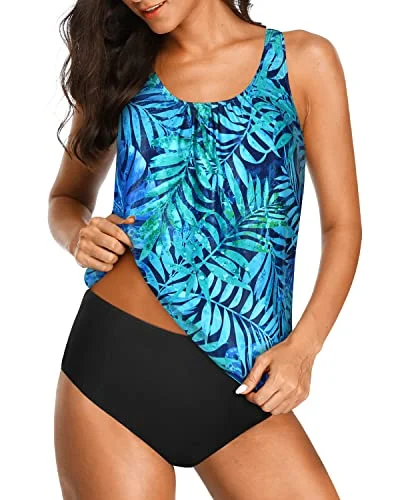 Modest Two Piece Tankini Set For Women Adjustable Straps-Dark Blue Green Leaves Cashmere