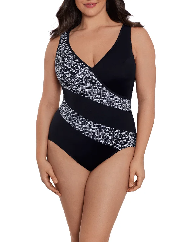 2024 Longitude Madison Square Faux Surplice Tank Long Torso One Piece Swimsuit - L241715 Elegant Women's 