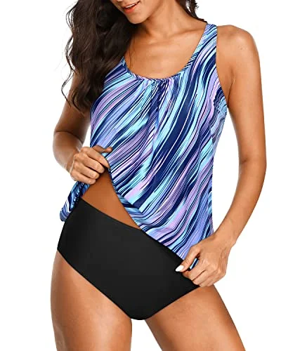 2 Piece Wireless Tankini Swimwear Elastic Band For Women-Blue And Black Stripe European