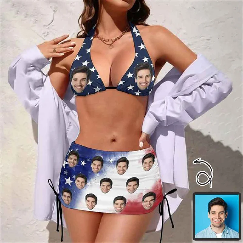 Custom Face American Flag 3-Pieces Bikini Set Halter Neck Top Bikini Skirts with Drawstring Traditional Women's 