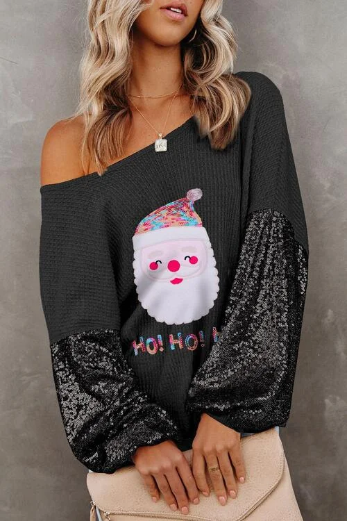 Waffle-Knit Santa Graphic Sequin Long Sleeve Blouse Feminine Women's Style 