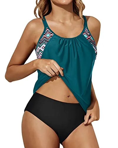 Athletic Round U Neck & O-Ring Back Tankini Swimsuits For Women-Teal Street