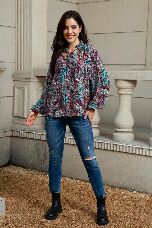 Tie Neck Heathered Balloon Sleeve Blouse Practical Women's Quick - dry